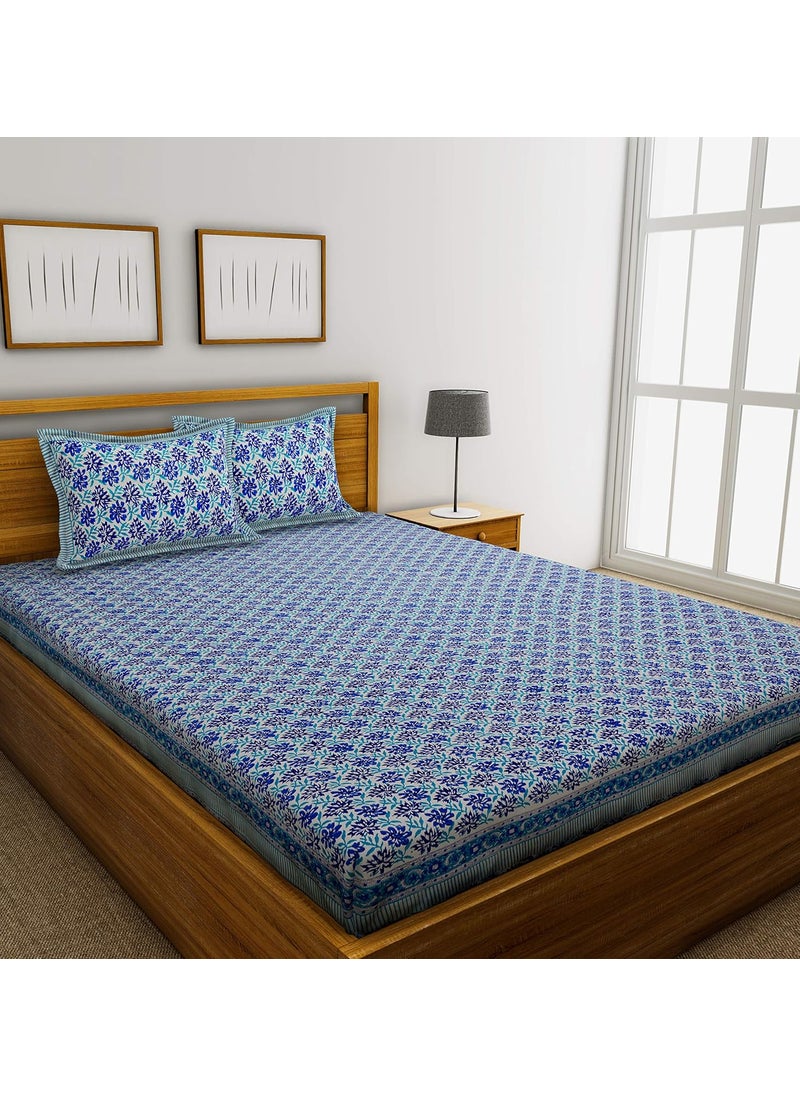 GK Textiles GK Textiles Jaipuri Hand Block Mughal Bagh Print Cotton 180 TC King Bedsheet with 2 Pillow Cover Blue King  - Image 1
