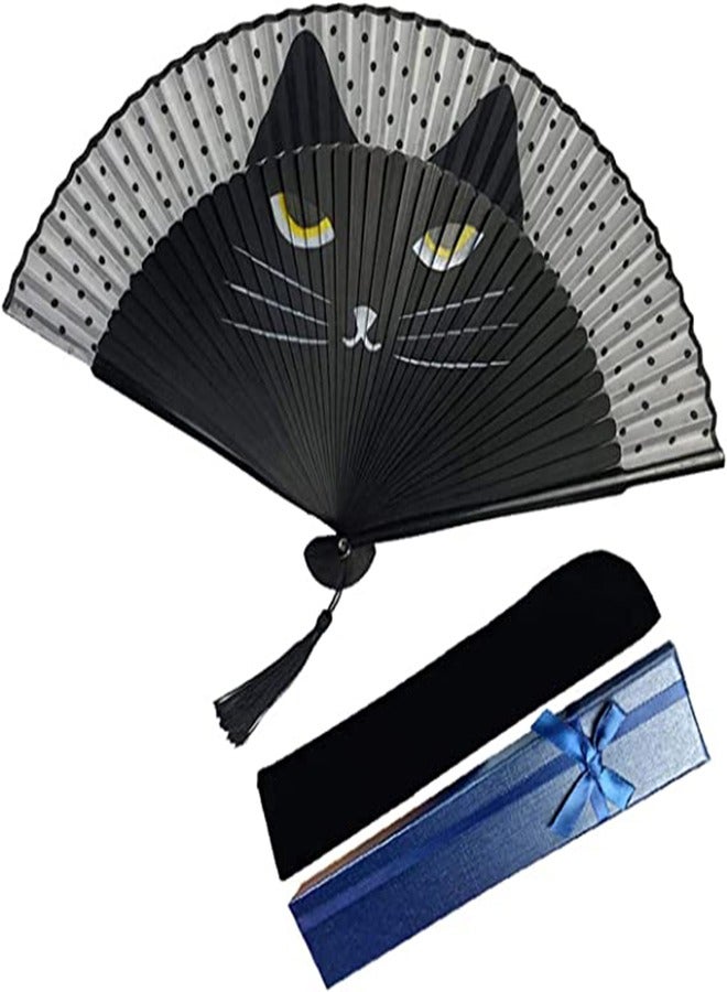Excefore Folding Fan Handheld Fans Cat Cartoon Kung Fu Fan Elegant Chinese Japanese Style for Women Men Silk Folding Fans with Bamboo Frames for Dancing Cosplay Wedding Party Props Decoration. - Image 2