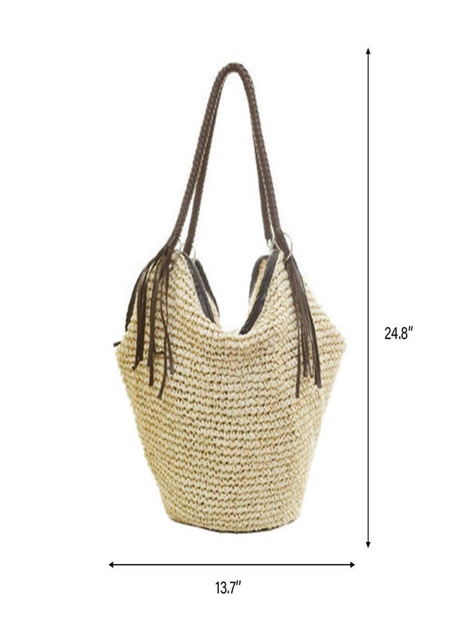 QTKJ Soft Large Straw Shoulder Bag with Brown Charm Leather Tassels, Boho Leather Handle Tote Retro Summer Beach Bag Rattan Handbag (Beige) - Image 2