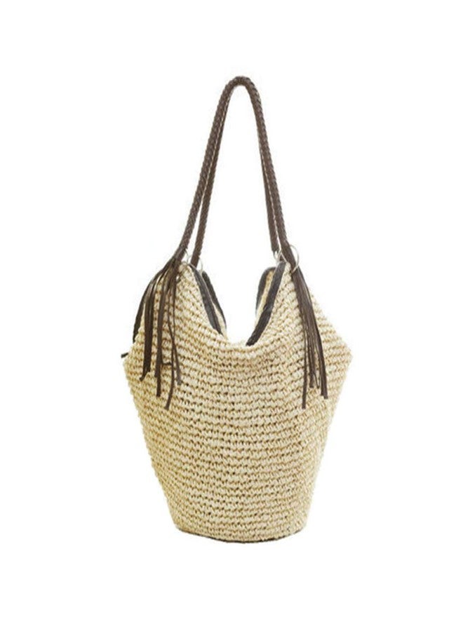 QTKJ Soft Large Straw Shoulder Bag with Brown Charm Leather Tassels, Boho Leather Handle Tote Retro Summer Beach Bag Rattan Handbag (Beige) - Image 1