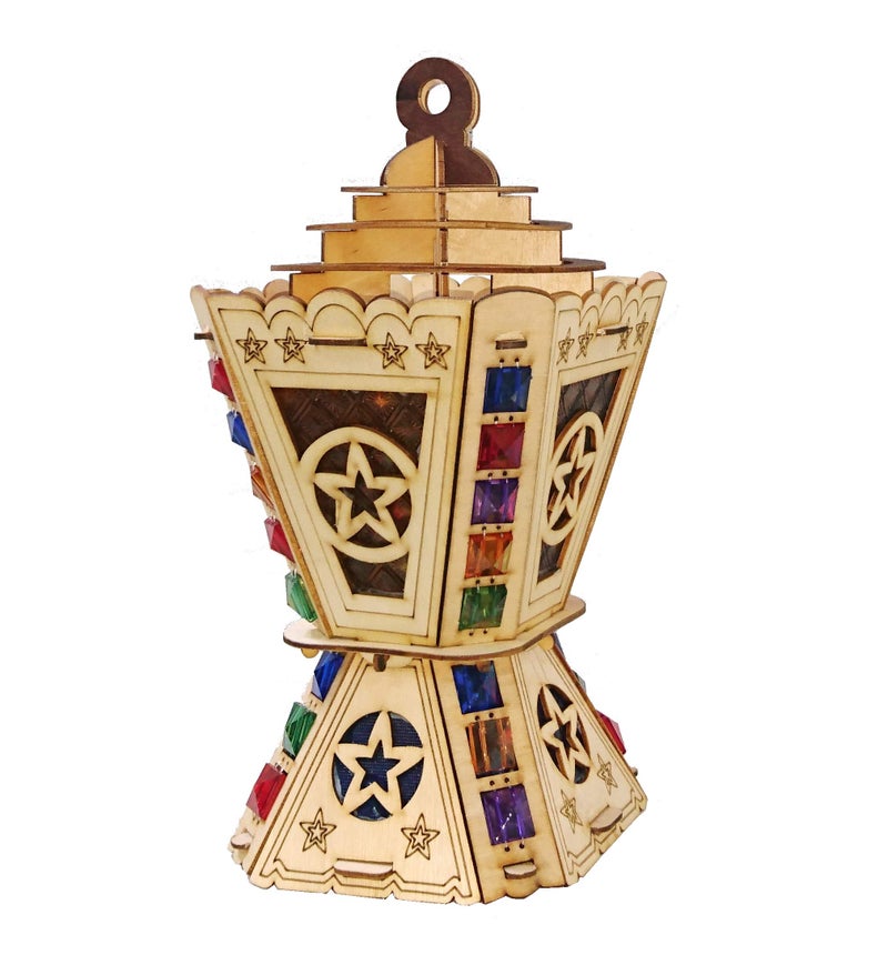 Home Decor AA117 Ramadan LED Lantern – Square Laser-Cut Wooden Fanoos with Multi-Colored Flashing Lights & Decorative Glass – Festive Décor for Kids & Homes - Image 2