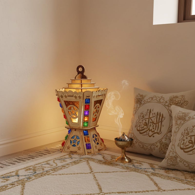 Home Decor AA117 Ramadan LED Lantern – Square Laser-Cut Wooden Fanoos with Multi-Colored Flashing Lights & Decorative Glass – Festive Décor for Kids & Homes - Image 1