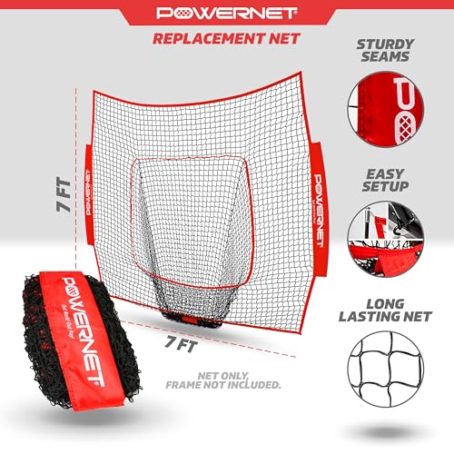 PowerNet Baseball & Softball 7x7 FT Net Replacement, Durable Baseball Screens for Batting & Pitching, Heavy Duty Knotless Netting in Team Colors, NET ONLY (Red) - Image 3