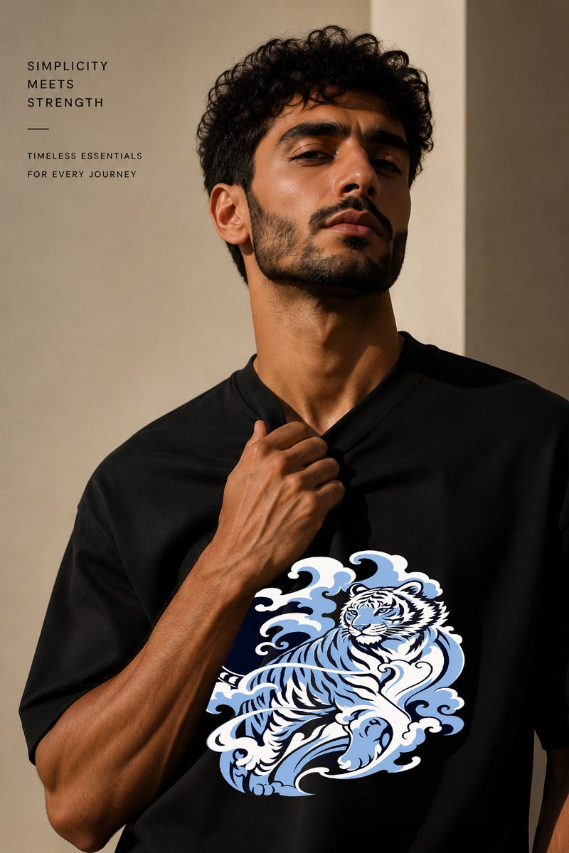 Men's Oversized Black T-Shirt with Blue White Tiger Graphic Casual Short Sleeve Crew Neck Streetwear Tee - Image 5