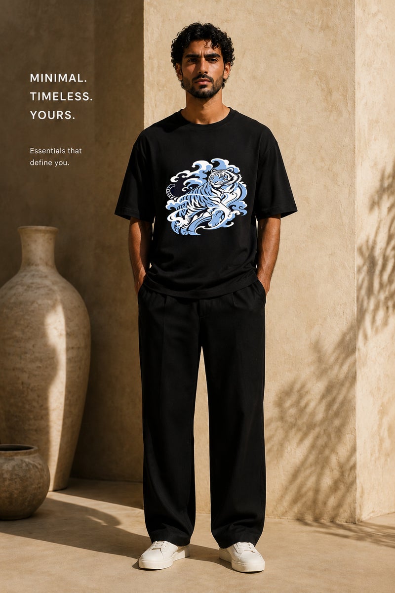 Men's Oversized Black T-Shirt with Blue White Tiger Graphic Casual Short Sleeve Crew Neck Streetwear Tee - Image 2