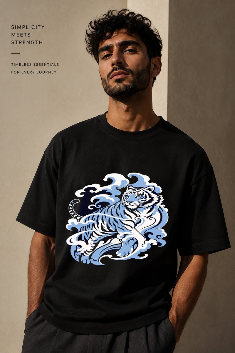 Men's Oversized Black T-Shirt with Blue White Tiger Graphic Casual Short Sleeve Crew Neck Streetwear Tee - Image 1