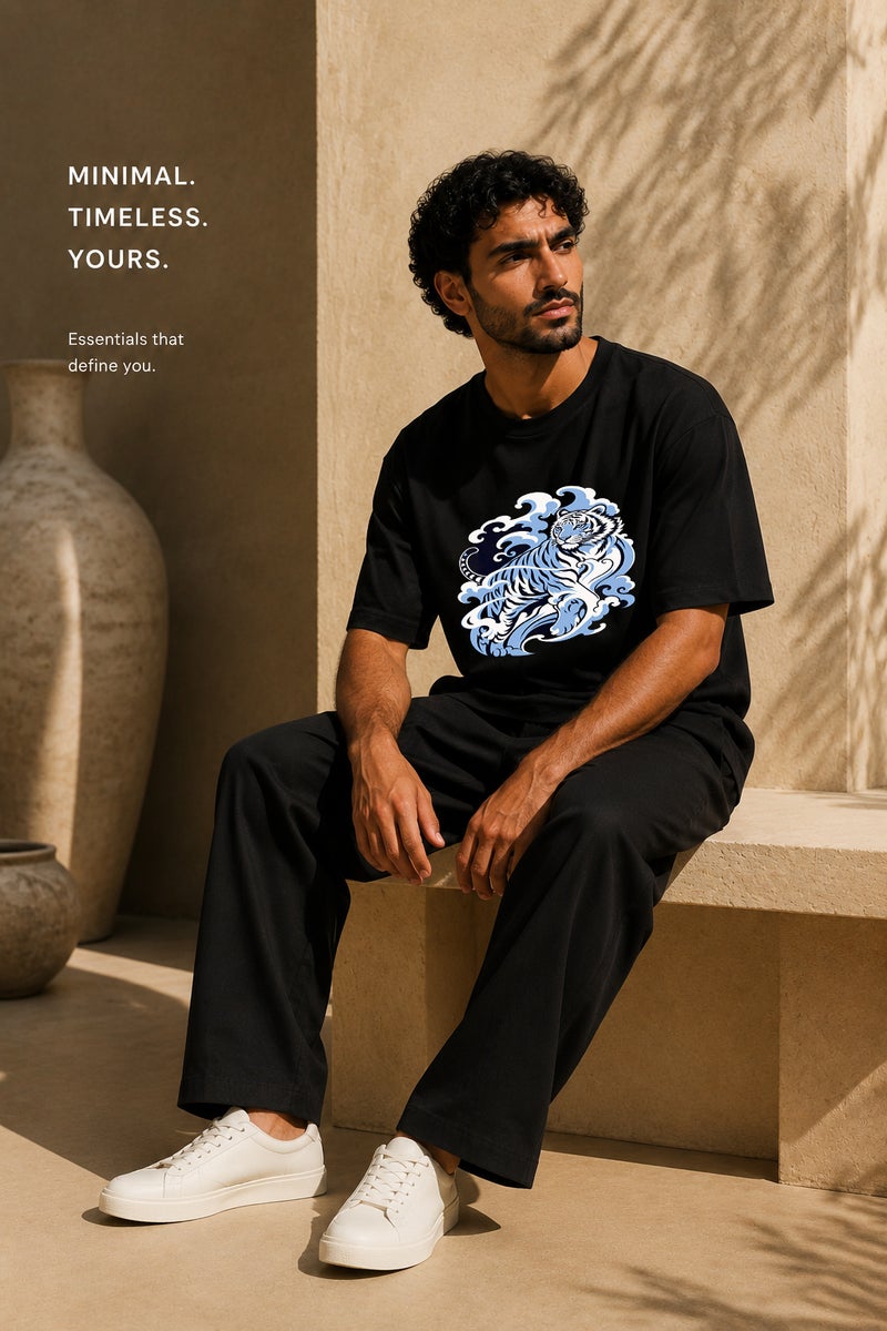 Men's Oversized Black T-Shirt with Blue White Tiger Graphic Casual Short Sleeve Crew Neck Streetwear Tee - Image 4