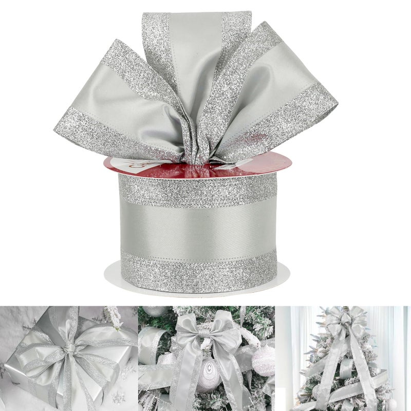 HUIHUANG Silver Wired Satin Ribbon with Glitter Stripe Edges 25 inch Silver Christmas Ribbon for Tree Bows Making Wreath Supplies Gift Wrapping Garland Home Decor Crafts 10 Yards - Image 3
