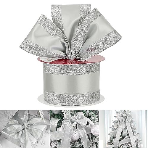 HUIHUANG Silver Wired Satin Ribbon with Glitter Stripe Edges 25 inch Silver Christmas Ribbon for Tree Bows Making Wreath Supplies Gift Wrapping Garland Home Decor Crafts 10 Yards - Image 1