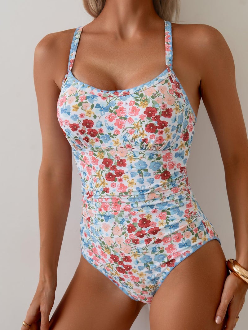 Eomenie Women's One Piece Swimsuit Tummy Control Slimming Bathing Suit Ruched Swimwear Tie Back Shell Stitch Swim Suit Pink Floral - Image 4