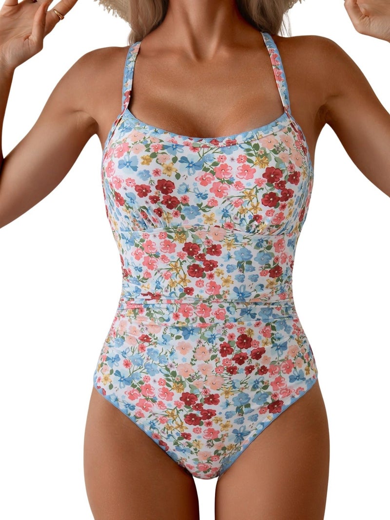 Eomenie Women's One Piece Swimsuit Tummy Control Slimming Bathing Suit Ruched Swimwear Tie Back Shell Stitch Swim Suit Pink Floral - Image 1