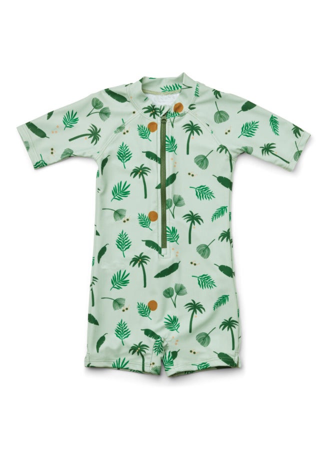 Children's Ins Seaside Vacation One-Piece Swimsuit Boys And Girls Baby Cartoon Swimsuit Baby Sun Protection Quick-Drying Swimsuit-Color:jumpsuit Swimsuit Green Plant- - Image 1