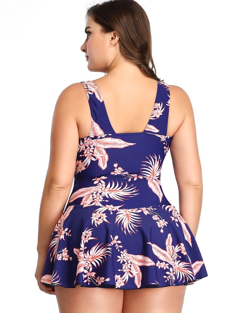 Loquat Flower Pattern Skirt Style Split Bikini Big Size Swimsuit Female Blue - Image 3