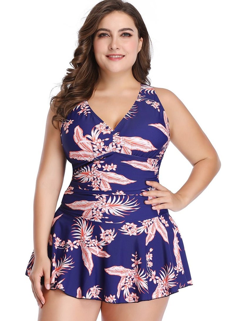 Loquat Flower Pattern Skirt Style Split Bikini Big Size Swimsuit Female Blue - Image 1
