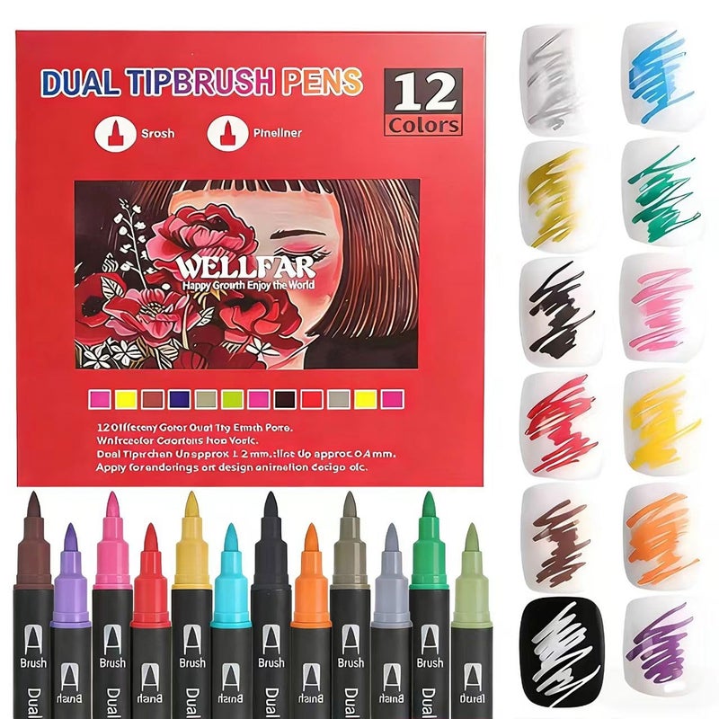 WELLFAR Dual Tip Markers for Adult Coloring Books No Bleeding â€“ Gel Acrylic Paint (Fine & Brush) Pen for Sketching, Drawing, Rock Painting, Journaling, Non Bleed Art Marker Set for Kids/Teens. 12 Colors - Image 1