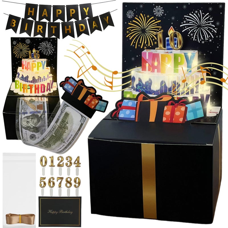 JINSTABAG Birthday Money Box for Cash Gift, Money Pull Box with Music Light and DIY Number Placard 13th 16th 18th 21th for Any Age, Birthday Decorations for Boys Girls Kids Adult - Image 1