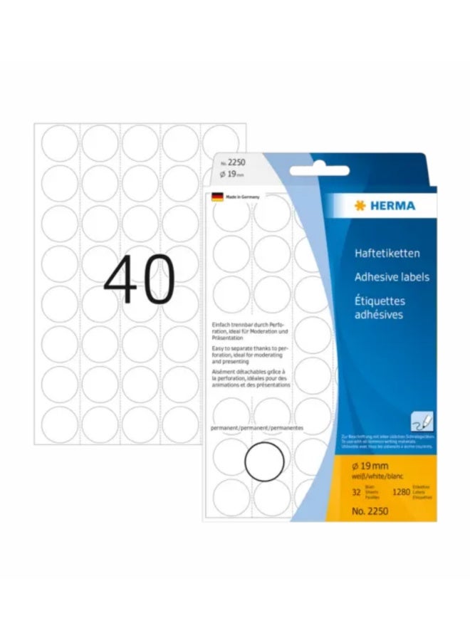 هيرما ملصقات متعددة الأغراض / نقاط ملونة، Ø 19 مم، دائرية، بيضاء، ورق خلفي غير لامع مثقب - Image 1