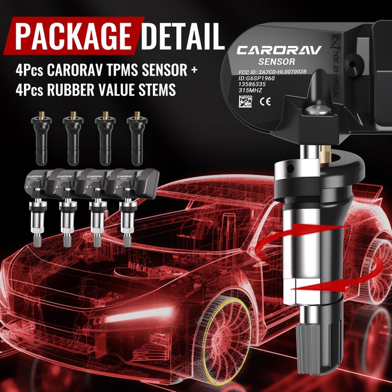 CARORAV TPMS Sensor GM, 4-Pack Tire Pressure Monitoring System Sensor Replacement for GM Chevy GMC Cadillac Buick, 315MHz OE Replaces for 13586335 13581558 13598771 13598772 - Image 4