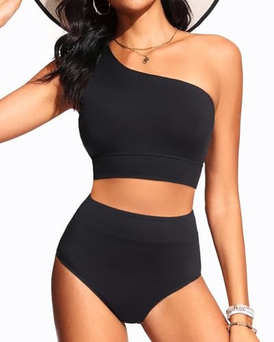 Holipick Black Women One Shoulder High Waisted Bikini Sets Two Piece Swimsuit Tummy Control Bathing Suit Full Coverage Swimwear M - Image 1