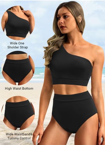 Holipick Black Women One Shoulder High Waisted Bikini Sets Two Piece Swimsuit Tummy Control Bathing Suit Full Coverage Swimwear M - Image 2
