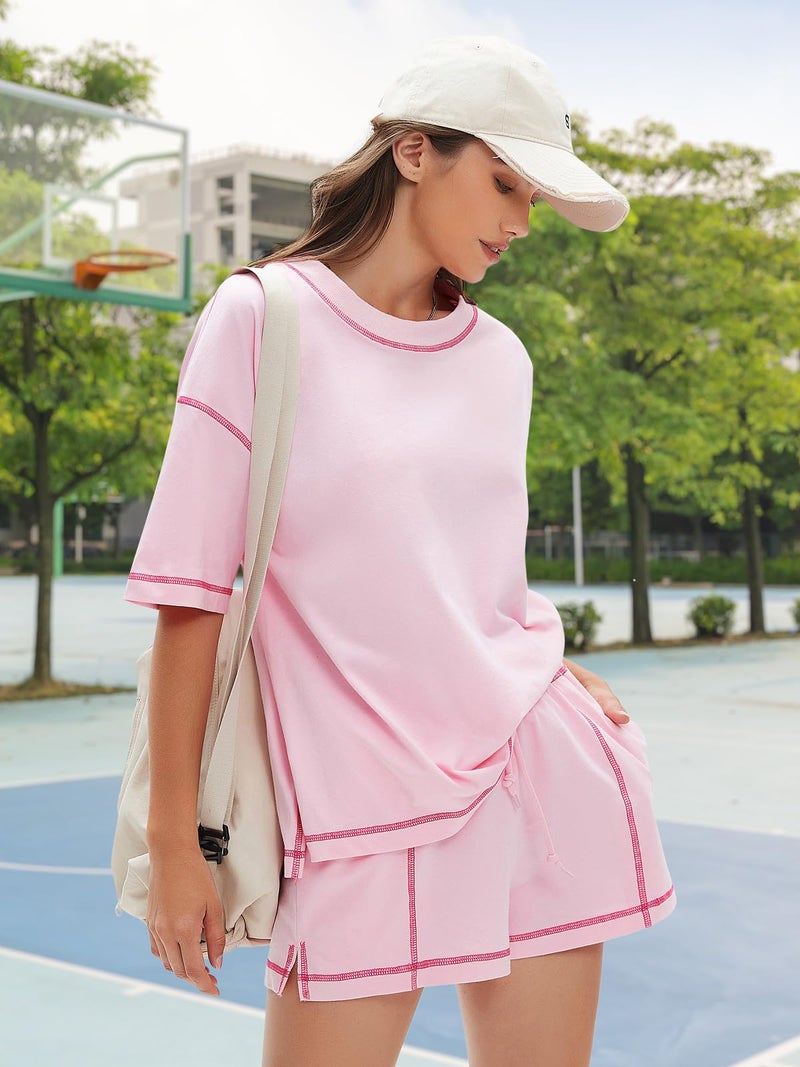 EXLURA Women's Casual Summer 2 Piece Sets 100% Cotton Short Sleeve Tshirt and Shorts Matching Sweatsuits Lounge Set 2026 - Image 3