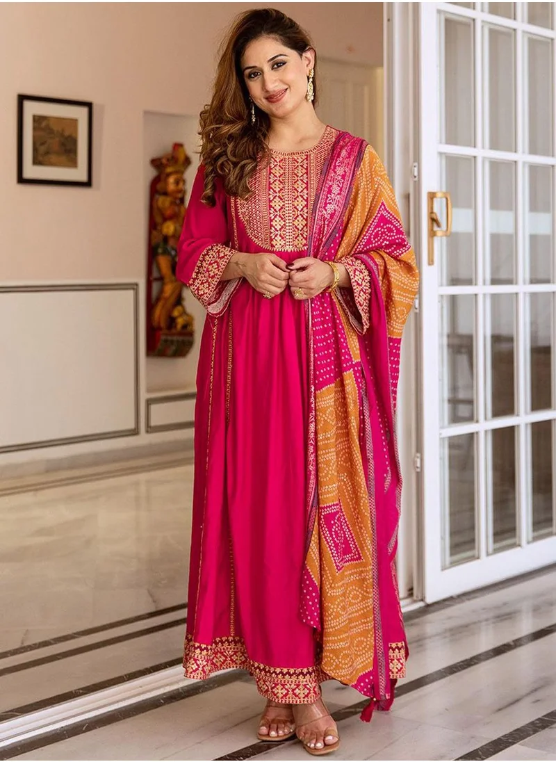 آي شين Women's Pink Modal Muslin Printed Tunic Full Length Casual Straight Fit Kurta Set