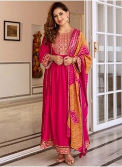 ISHIN Women's Pink Modal Muslin Printed Tunic Full Length Casual Straight Fit Kurta Set  - Image 1
