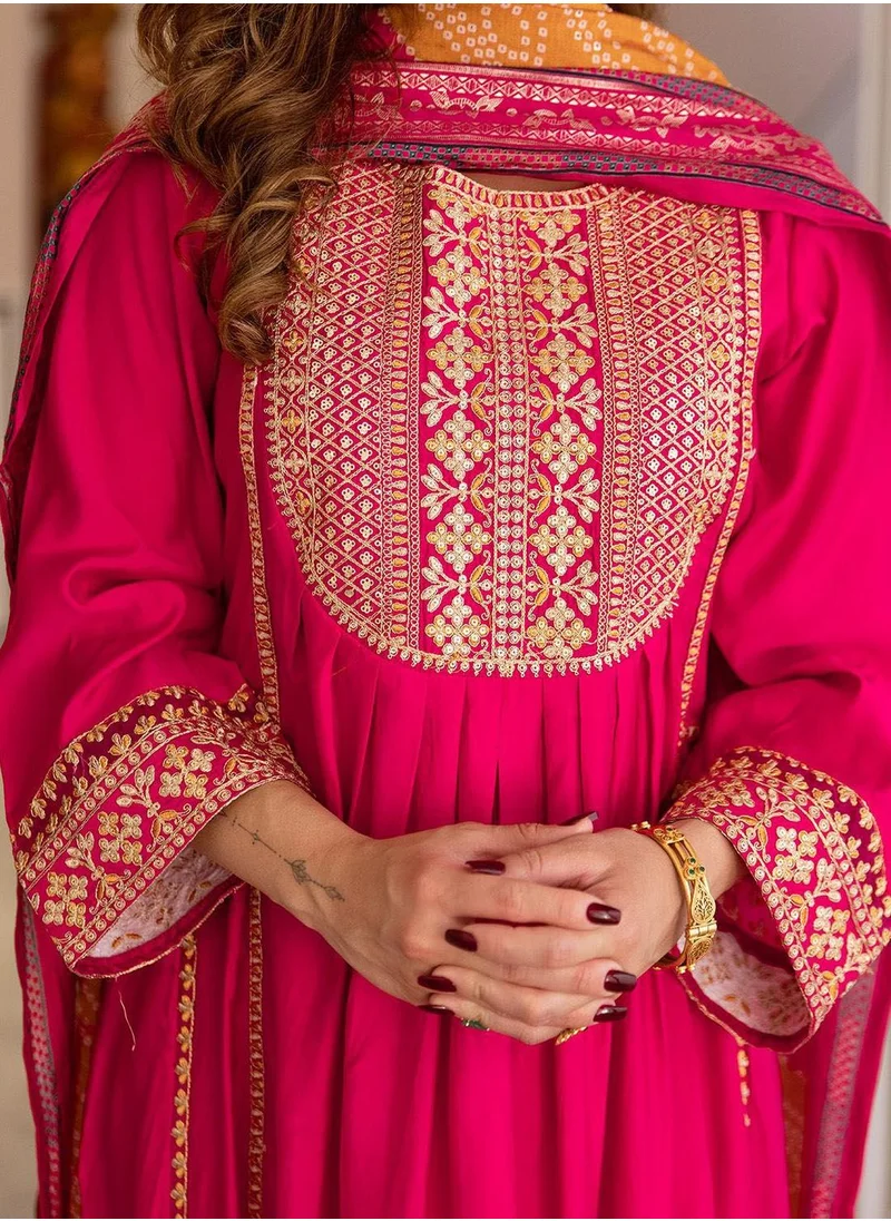 آي شين Women's Pink Modal Muslin Printed Tunic Full Length Casual Straight Fit Kurta Set