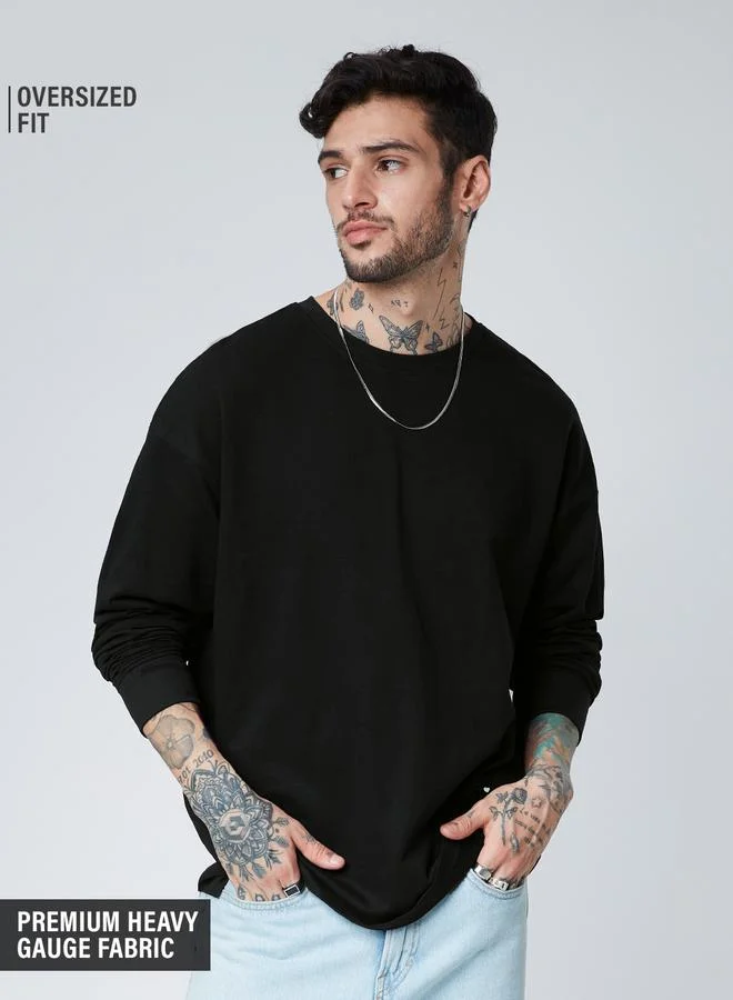 The Souled Store Men Oversized Black Long Sleeve Round Neck T-Shirt