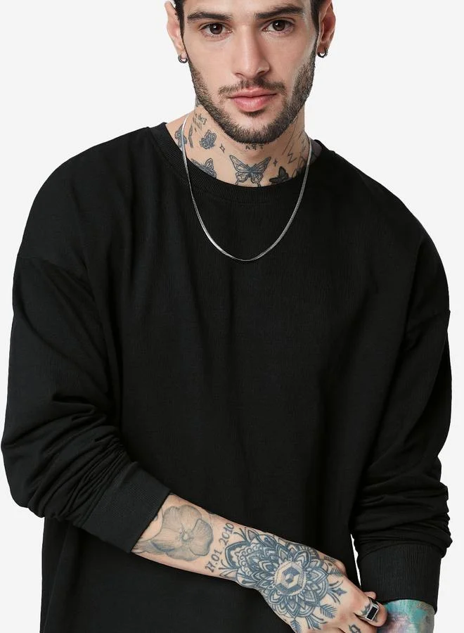 The Souled Store Men Oversized Black Long Sleeve Round Neck T-Shirt