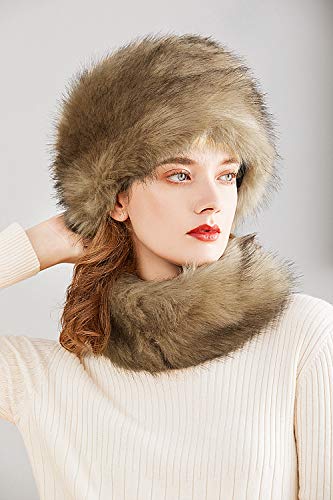 Lovful Faux Fur Women Russian Cossack Style Hat,Scarf Set for Ladies Winter,Camel - Image 5