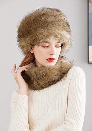 Lovful Faux Fur Women Russian Cossack Style Hat,Scarf Set for Ladies Winter,Camel - Image 4