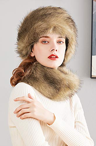 Lovful Faux Fur Women Russian Cossack Style Hat,Scarf Set for Ladies Winter,Camel - Image 3