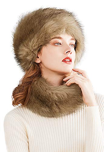 Lovful Faux Fur Women Russian Cossack Style Hat,Scarf Set for Ladies Winter,Camel - Image 1