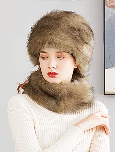 Lovful Faux Fur Women Russian Cossack Style Hat,Scarf Set for Ladies Winter,Camel - Image 2