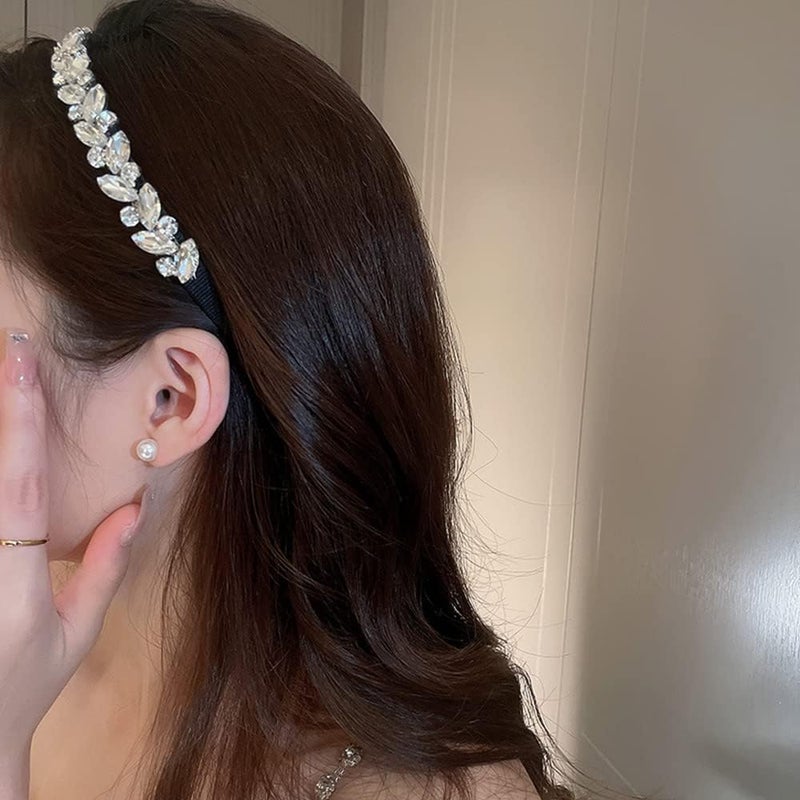 Jumwrit Rhinestone Headband NonSlip Glitter Headband Square Rhinestone Flower Leaf Shape Headband Fashion Hair Band Silver Hair Hoop for Women GirlsStyle 2