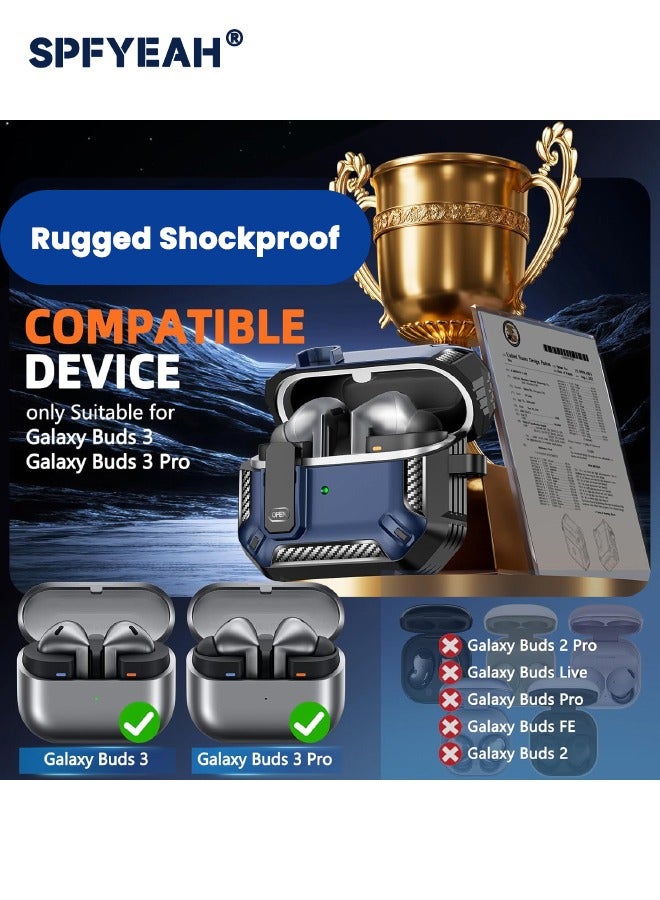 SPFYEAH Samsung Galaxy Buds 3 / Buds 3 Pro Case Cover, with Secure Lock Clip & Keychain & Cleaner kit, Hard Shell Rugged Shockproof Carbon Fiber Protection Cover for Samsung Galaxy Buds 3 & 3 Pro (2024), Blue - Image 2