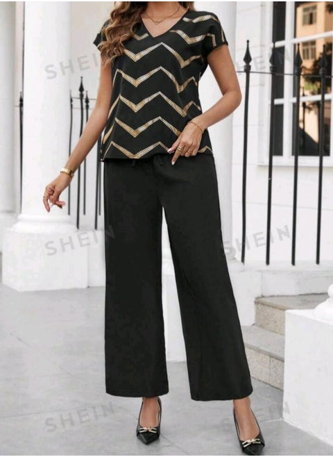 SHEIN  Patterned Top And Solid Color Pants Two Piece Set