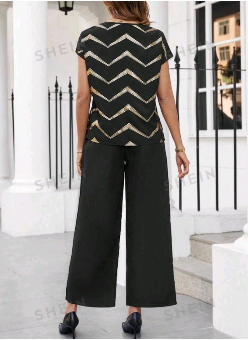 SHEIN  Patterned Top And Solid Color Pants Two Piece Set