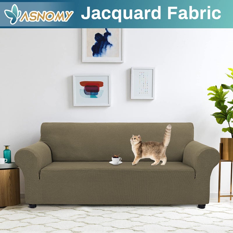 Asnomy Couch Covers for 3 Cushion Couch Stretch Sofa Covers Slipcovers, Pet Protector Furniture Covers for Dogs Cats Spandex Jacquard Fabric Small Checks ï¼ˆLargeï¼ŒKhakiï¼‰ - Image 2