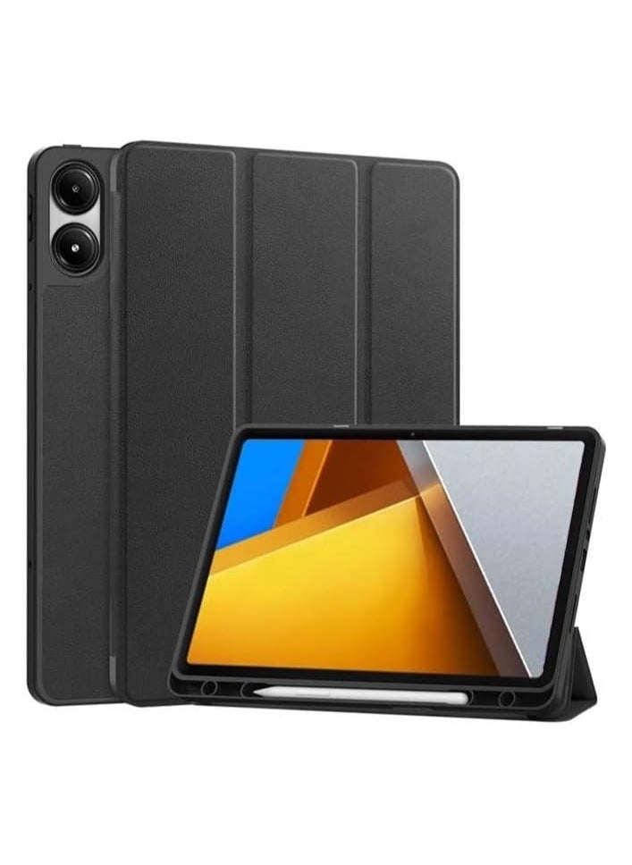Generic حافظة لجهاز Xiaomi Poco Pad 2024، غطاء خفيف الوزن صلب رفيع مع حامل ثلاثي الطي مع خاصية السكون التلقائي ومضاد للخدش وغطاء حماية ذكي لجهاز Xiaomi Poco Pad مقاس 12.1 بوصة، أسود 