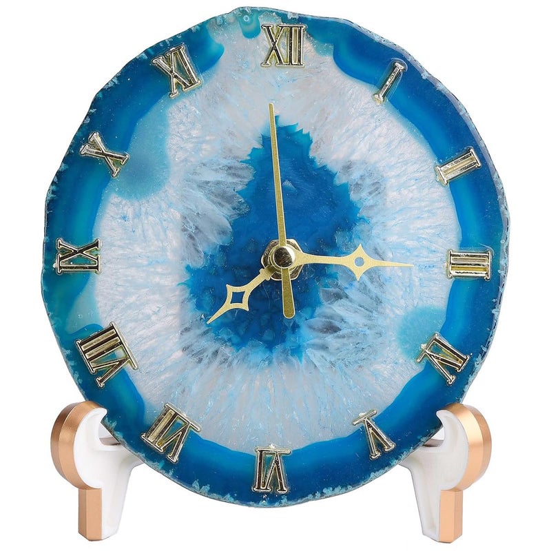JIC Gem Agate Clock Crystal Desk  Shelf Clocks Home Decor Blue