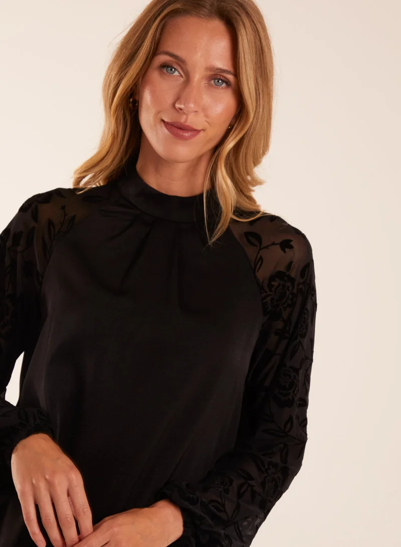 Blue Vanilla High Neck Flocked Sleeve Top