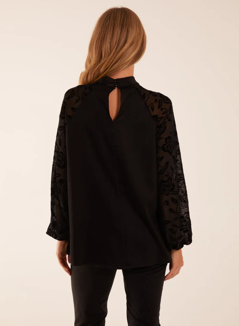 Blue Vanilla High Neck Flocked Sleeve Top