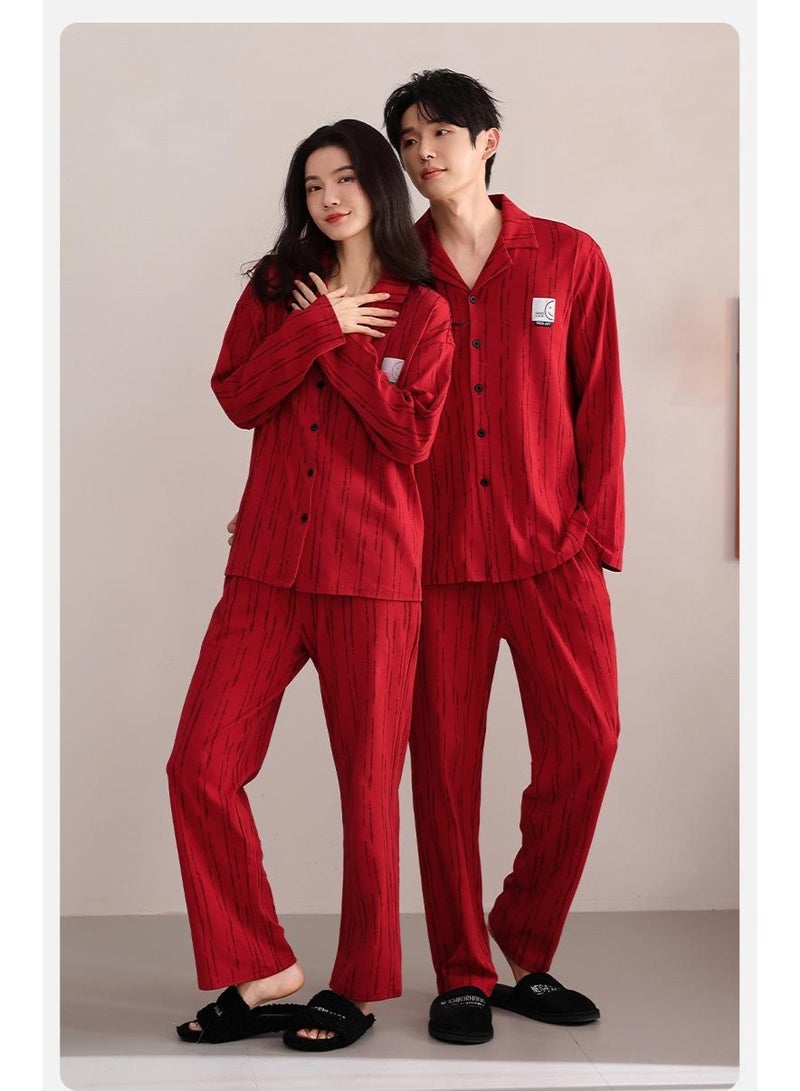 Couple's Red Pyjamas Pure Cotton Long Sleeve Spring Autumn Version Wedding Couple's Home Clothes For Men Women - Image 2