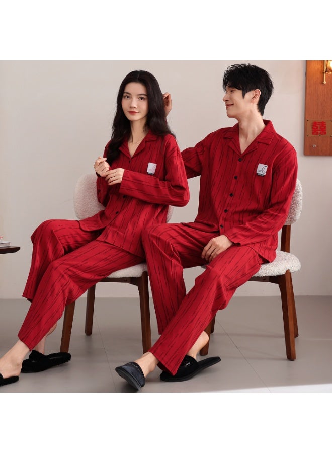 Couple's Red Pyjamas Pure Cotton Long Sleeve Spring Autumn Version Wedding Couple's Home Clothes For Men Women - Image 1