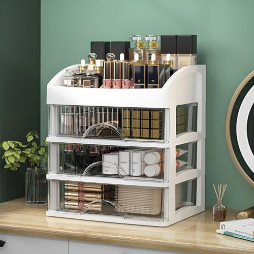 KREPS® Desk Makeup Organizer, Plastic Storage Box with Sliding Drawer, Stylish Display Case for Cosmetics, Lotion, Nail Polish,Brushes,and Jewelry (1 White, 3 - Layer) - Image 2