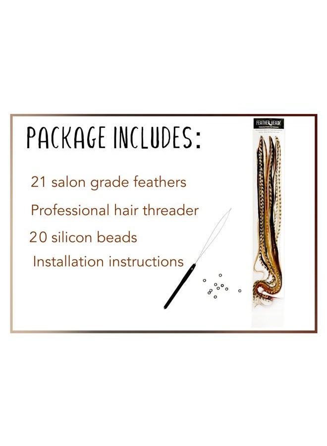 Feather Headz 21 Natural Color Hair Feathers - 9”- 14” Long - Feathers for Hair Extension - DIY Kit - Eye-Catching Design - 20 Micro-link Beads - 100% Real Rooster Feathers - Professional Color Hair Feathers - Image 2