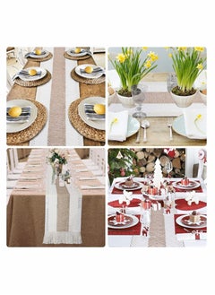 Excefore Natural Burlap Table Runner, Modern Farmhouse Decor Rustic Woven Cotton Crochet Lace  - Image 2