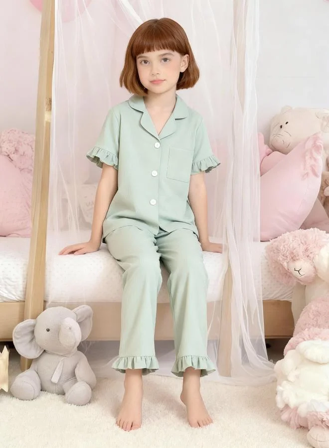 Take Two  Girls Green Ruffle Hem Short Sleeve Shirt And Pyjama Set for Women | Best Price UAE